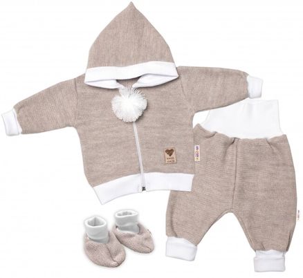 Baby Nellys 3-dielna súprava Hand made, pletený kabátik, kalhoty a topánky, béžová, veľ.62