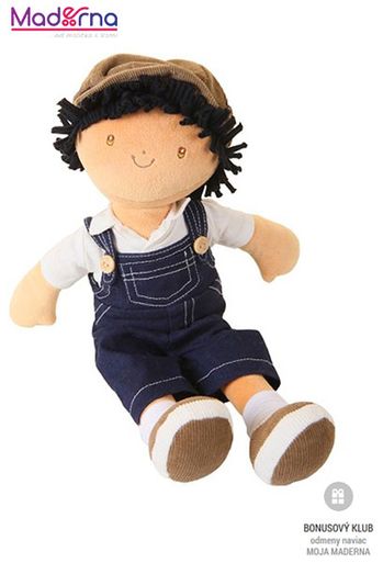 Bonikka látková bábika - chlapec 35 cm Joe modré džinsové nohavice na traky