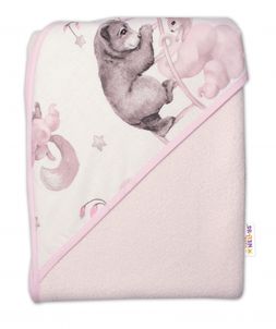 Detská termoosuška s kapucňou Baby Nellys, Zvieratká na mráčiku, 100 x 100 cm, ružová