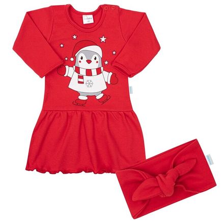 Dojčenské bavlnené šatôčky s čelenkou New Baby Winter Penguin - Červená