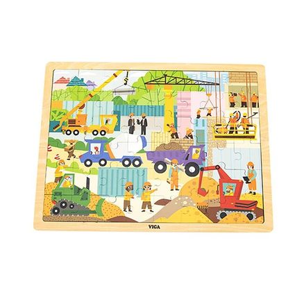 Drevené puzzle 48 dielikov Viga Stavebné stroje - Multicolor