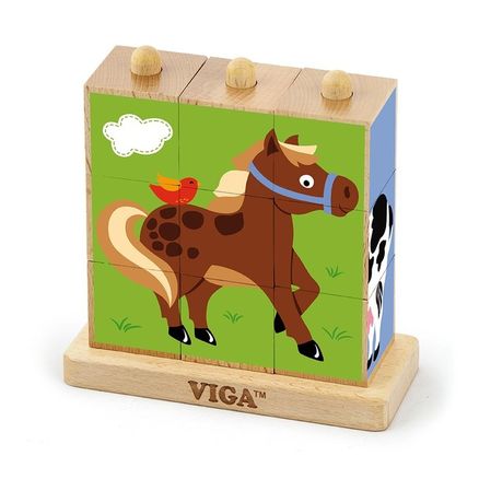 Drevené puzzle kocky na stojane Viga Farma - Multicolor