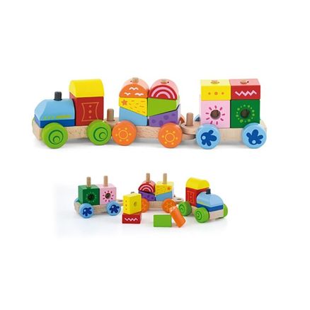 Drevený vlak s kockami Viga farebný - Multicolor