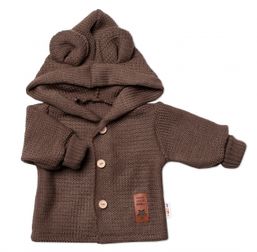 Elegantný pletený svetrík s gombíkmi a kapucňou s uškami Baby Nellys, hnedý, veľ. 62