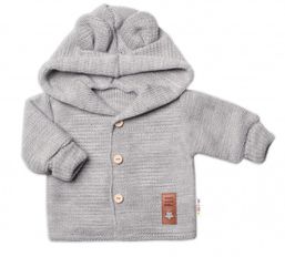 Elegantný pletený svetrík s gombíkmi a kapucňou s uškami Baby Nellys, sivý, veľ. 68