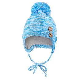 Little Angel Čiapka pletená zaväzovacia brmbolce a gombíky Outlast® - modrá melír 2 | 39-41 cm
