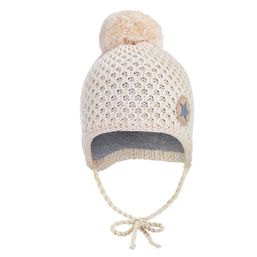Little Angel Čiapka pletená zaväzovacia drobný vzor brmbolec Outlast® - natur melír 1 | 36-38 cm