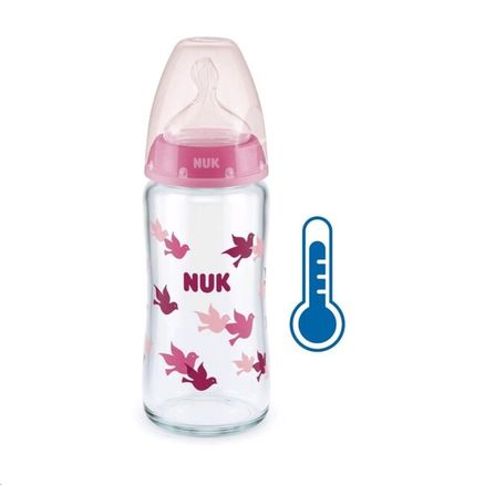 Sklenená dojčenská fľaša NUK First Choice s kontrolou teploty 240 ml - Ružová