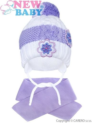 Zimná detská čiapočka so šálom New Baby kvietočky - Fialová