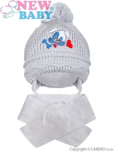 Zimná detská čiapočka so šálom New Baby psík - Sivá