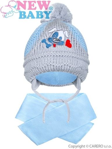Zimná detská čiapočka so šálom New Baby psík tmavo modrá - Svetlo modrá