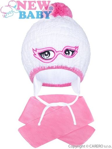 Zimná detská pletená čiapočka so šálom New Baby - Ružová